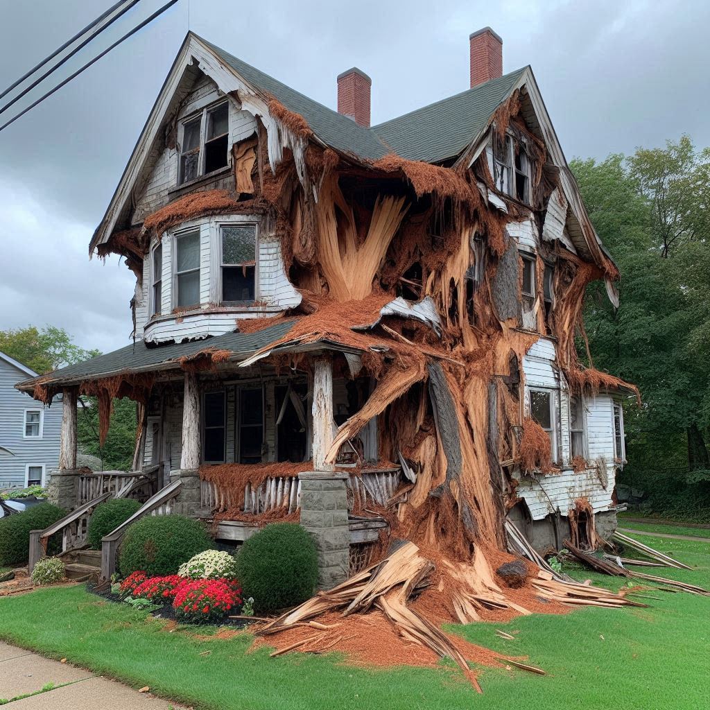 Damaged tree on an Revere home showing signs of disease and decay